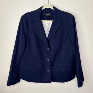 Talbots Size 16 Navy Pique Blazer Contrast Polka Dot Lining‎ Nautical Buttons